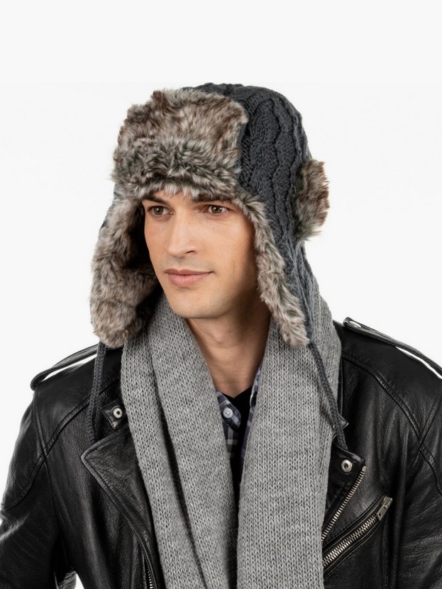 Nirvann Faux Fur Trapper Hat In Gray And Brown